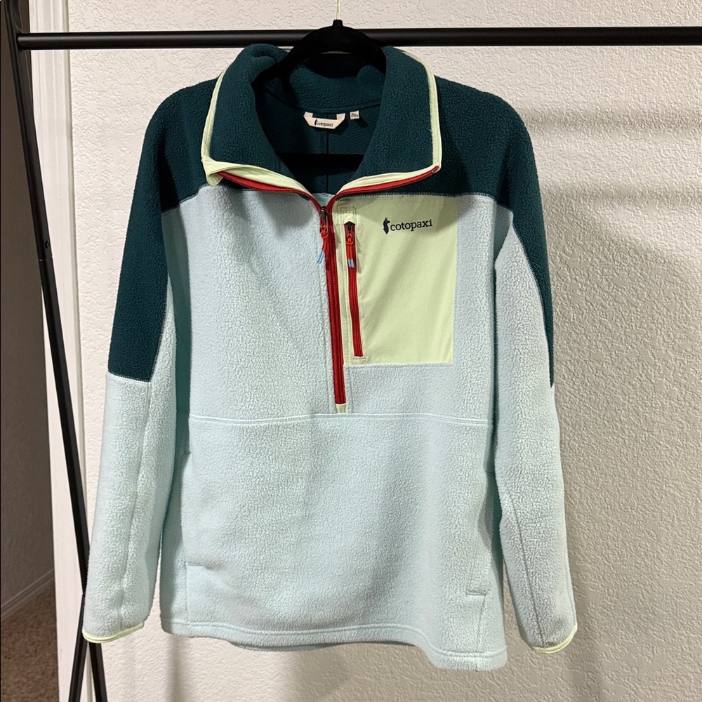 Cotopaxi Men's Zip-Up Sweater in Teal, Light Blue, and Yellow
